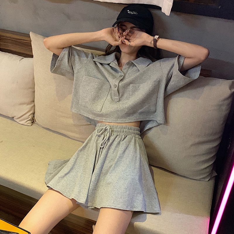 Bộ đồ DIDIKA gồm áo thun cotton tay ngắn dáng rộng + chân váy ngắn phong cách Hàn Quốc thời trang mùa hè 2022