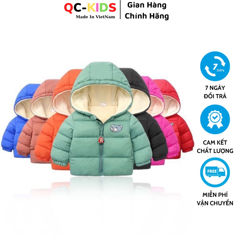 Áo phao cho bé trai, bé gái mùa đông 8 đến 20 kg, áo khoác cho bé hình gấu lót nỉ QC-KIDS