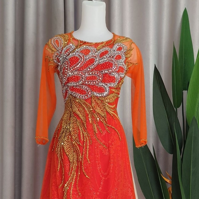 Áo dài cho mẹ – Áo dài dự tiệc cưới lễ hội màu đỏ cam ADM022