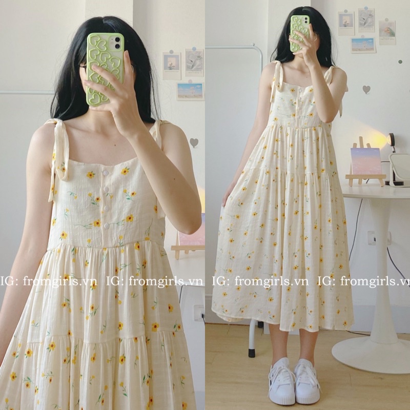 Đầm maxi đi biển, váy hoa nhí 2 dây dáng rộng 2 lớp buộc nơ vai fromgirls.vn - V80