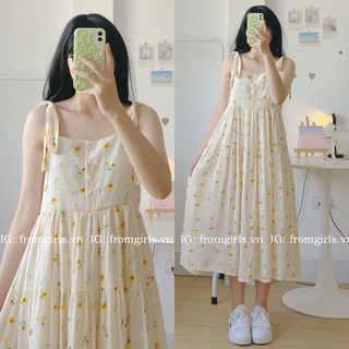 Đầm maxi đi biển, váy hoa nhí 2 dây dáng rộng 2 lớp buộc nơ vai fromgirls.vn - V80