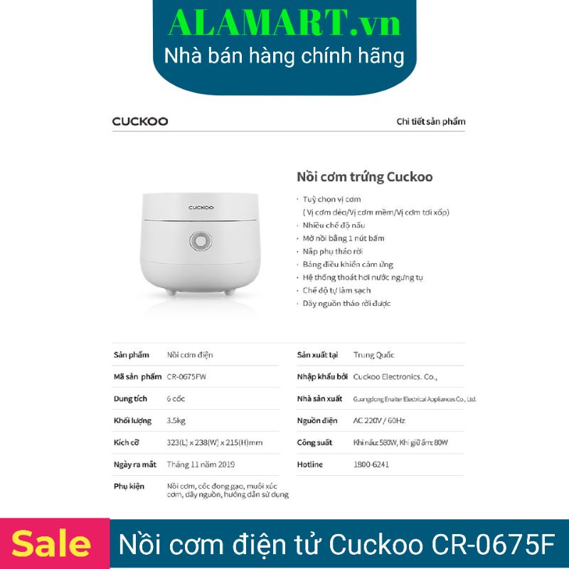 NỒI CƠM ĐIỆN TỬ CUCKOO CR-0675F 1.08L nấu 0.5 kg gạo dùng 2 - 4 người