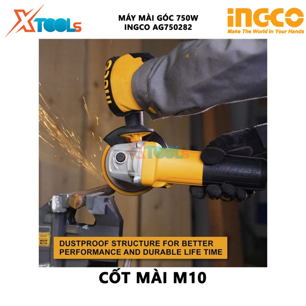 Máy mài góc INGCO AG750282 | máy mài công tắc đuôi - kèm 1 tay cầm phụ, tay cầm chắc chắn, chống trơn trượt [XSAFE][XTOO