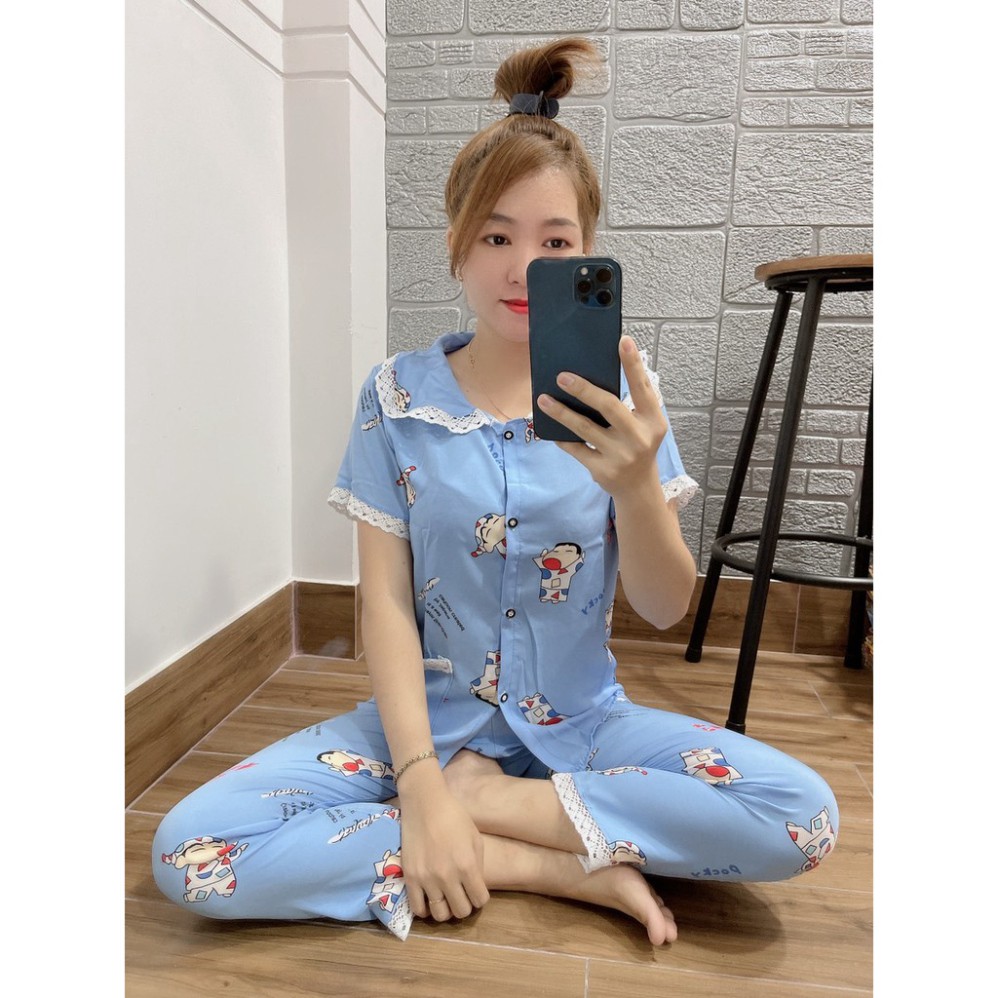 Bộ Đồ Bộ Pijama satin mềm Phối Ren Tay Ngắn Quần Dài Freesize <55kg [ảnh thật 100%] | BigBuy360 - bigbuy360.vn