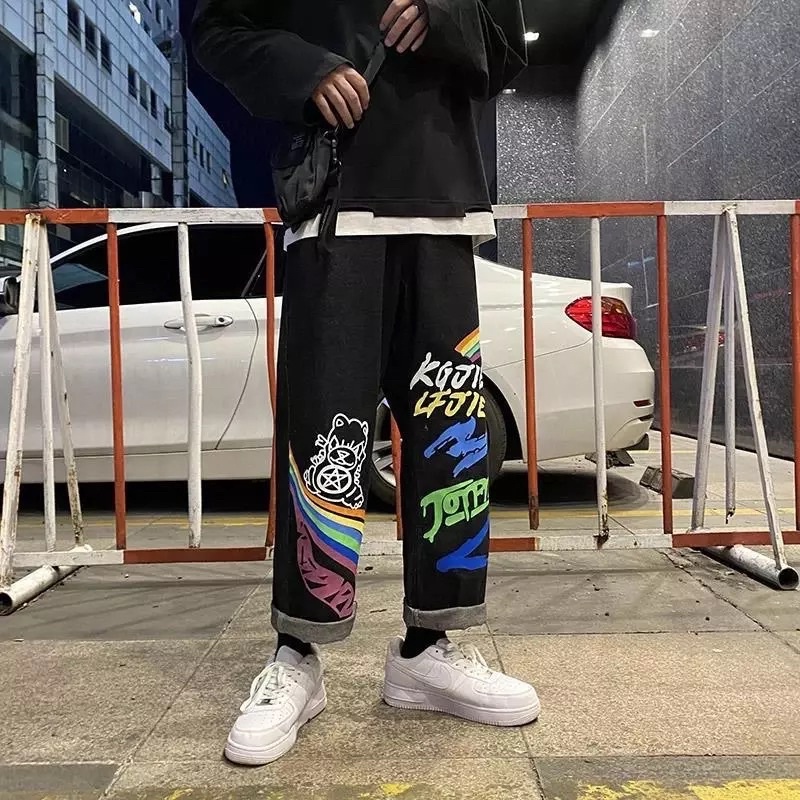 QUẦN JEANS ỐNG RỘNG DÁNG ĐỨNG T-A-N PHONG CÁCH HÀN QUỐC-QJI03-THỜI TRANG UNISEX-có size Nam Nữ hình in,màu đen
