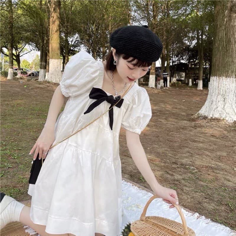 Đầm babydoll🍉 Váy Babydoll Cổ Vuông Nơ Gài 🍉 FREESHIP🍉 Đầm Trắng Nữ Cộc Tay Nơ Đen, đầm suông dáng xòe công chúa