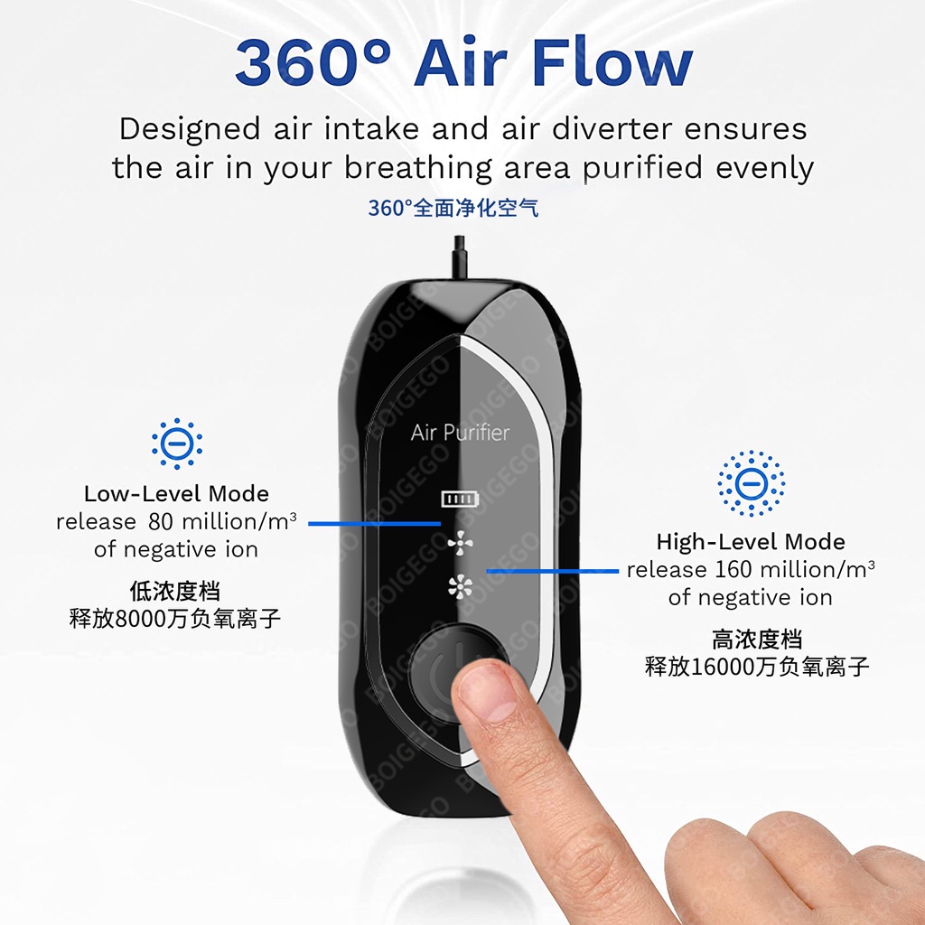 Máy thanh lọc không khí ion âm có dây chuyền đeo lên người tiện dụng