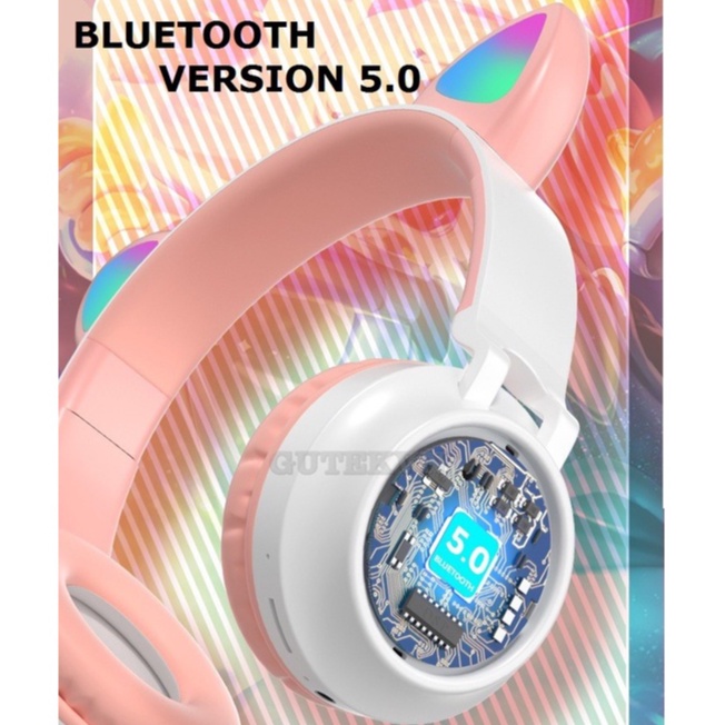 Tai nghe bluetooth chụp tai không dây tai mèo đèn led 7 màu Gutek B30 có mic chống ồn tốt