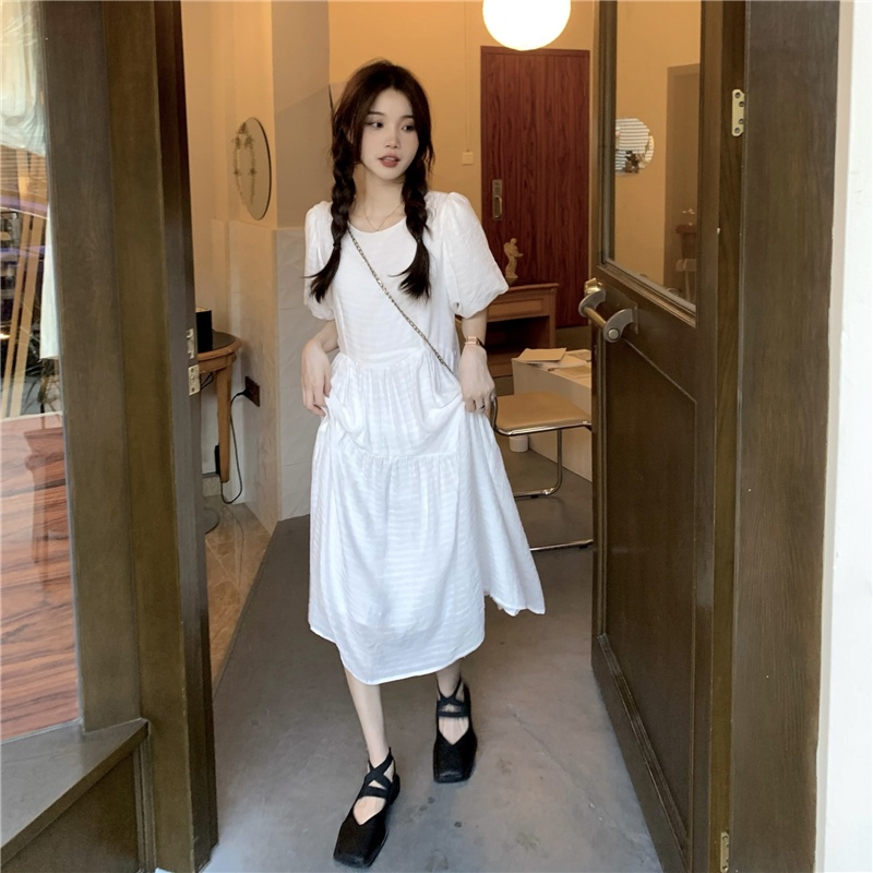 Đầm Dài Xếp Ly Tay Phồng Ngắn Lưng Cao Phong Cách Retro Hàn Quốc 52811