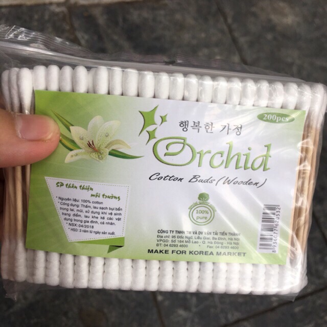 Bông Tai/ Bông Ngoáy Tai Cán Gỗ Orchid 200 Que Xuất Hàn