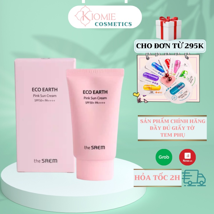 Kem chống nắng the Saem màu hồng dưỡng ẩm trắng da nâng mỏng nhẹ The Saem Eco Earth Pink Sun Cream Ex SPF50+ 50g