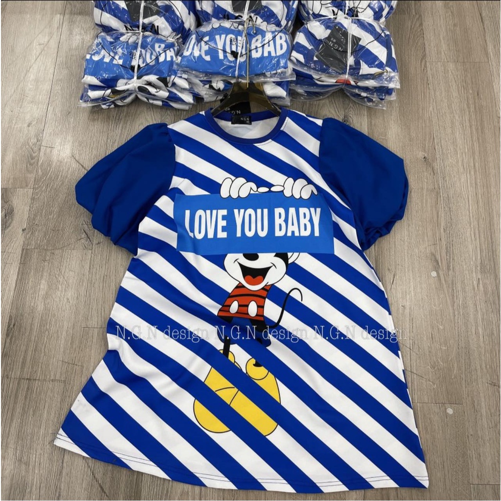 Váy hồng mickey xanh coban