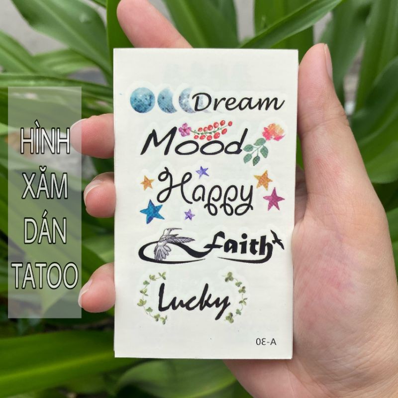 Hình xăm dán tatoo chữ Happy - Lucky sn10 a30 .Xăm dán tatoo mini tạm thời, size &lt;10x6cm