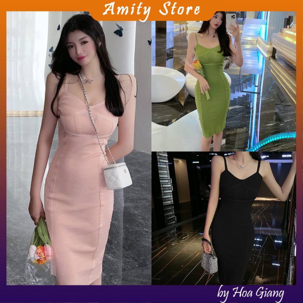 [Đầm hai dây len dệt kim] Váy hai dây len ôm body sexy hàng quảng châu