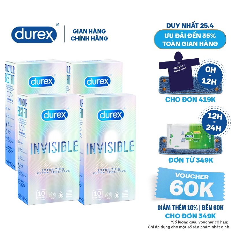 Bộ 3 hộp bao cao su Durex Invisible (10 bao/hộp, size 52mm) + Tặng 1 hộp cùng loại