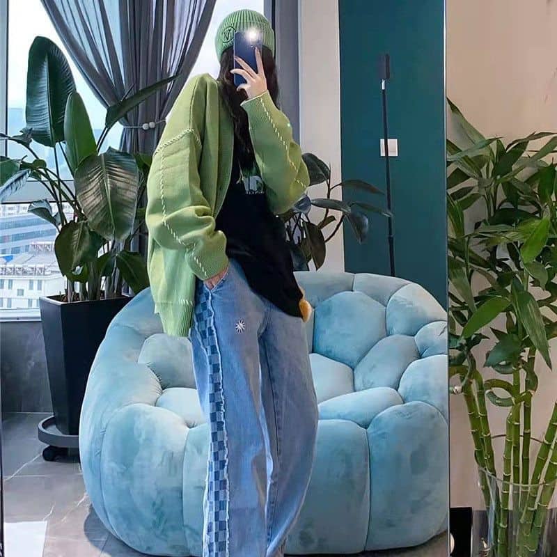 Áo khoác cardigan len nữ màu xanh bơ viền len line trắng cổ V siêu trendy trên Douyin có size phong cách E-girl