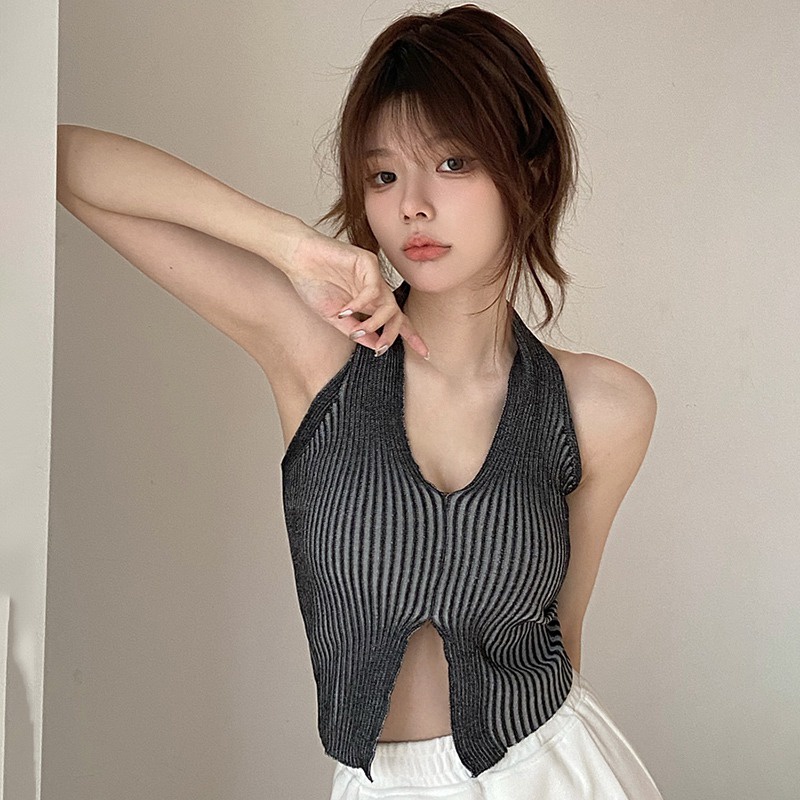 Áo Croptop Dệt Kim Cổ Chữ V Hở Lưng Màu Trơn Phong Cách Đường Phố Hàn Quốc Thời Trang Mùa Hè Cho Nữ