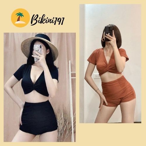 BIkini 2 mảnh áo cộc tay xoắn bụng quần nhún, bộ bơi rời đi biển cho nữ quần đùi Bikini191