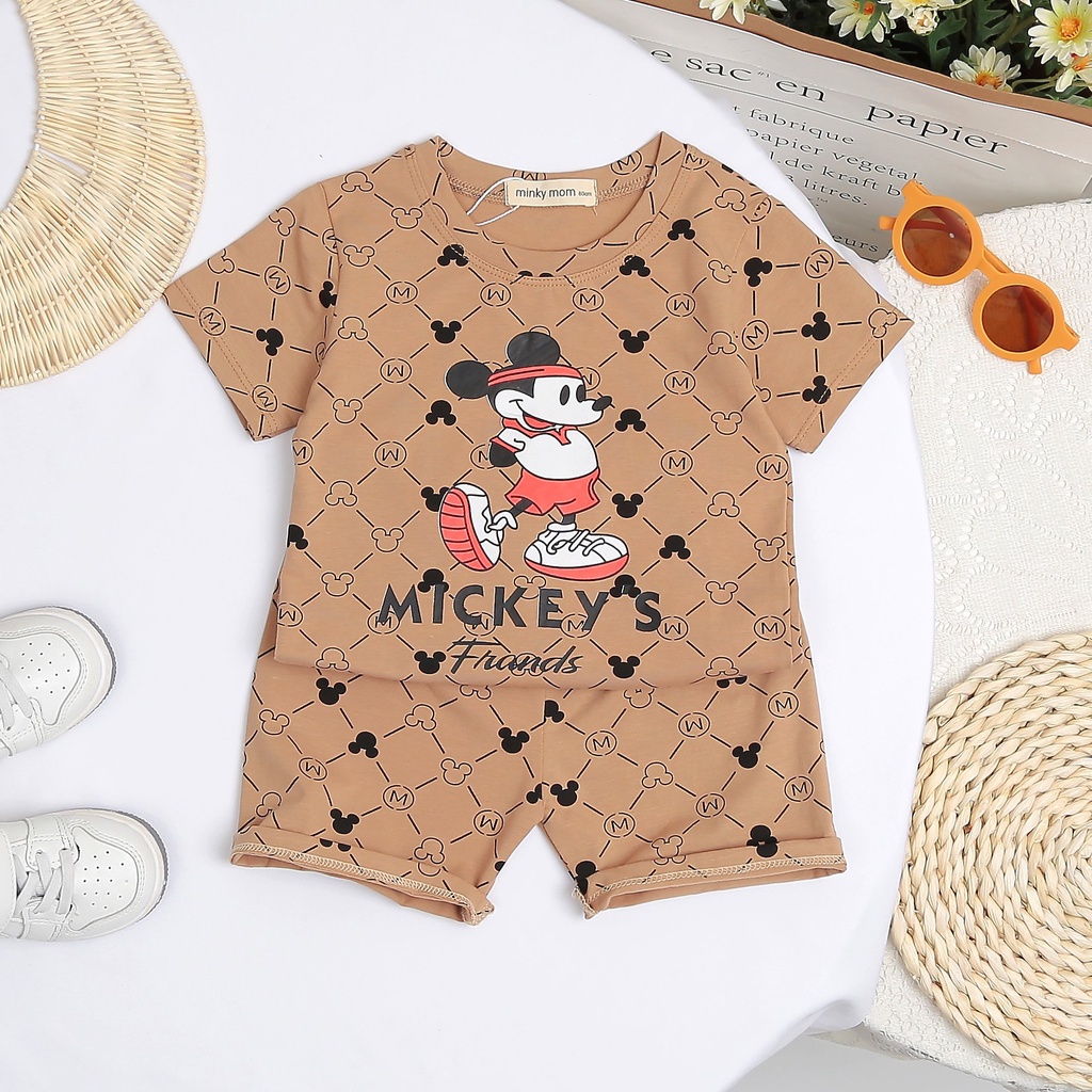 Bộ cộc tay cotton 4 chiều minky mom cho bé trai bé gái hình in meckey thương hiệu size 7 đến 27 cân