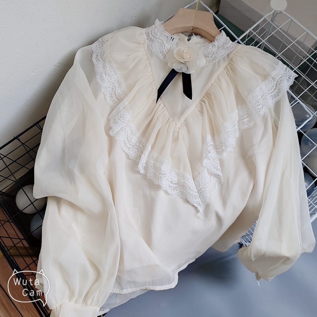 Áo kiểu nữ đẹp phối nơ tay dài khuyu ngọc tiểu thư bánh bèo hàn quốc màu trắng tay phồng sexy Liao fashion UV35