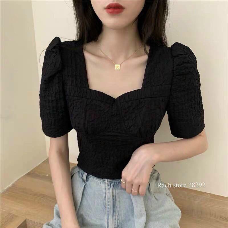 ❧♣♨Áo xốp chun croptop cổ vuông tay phồng Lovi | BigBuy360 - bigbuy360.vn