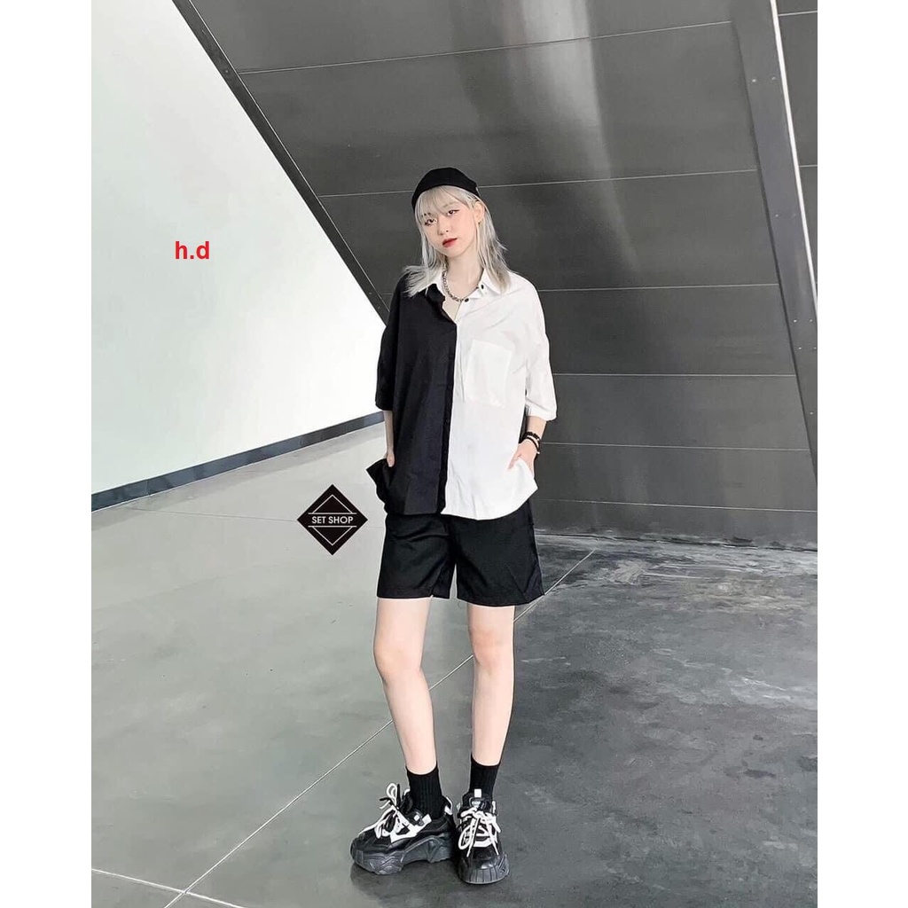 Áo sơ mi nữ phối 2 màu đen trắng mặc rất xinh
