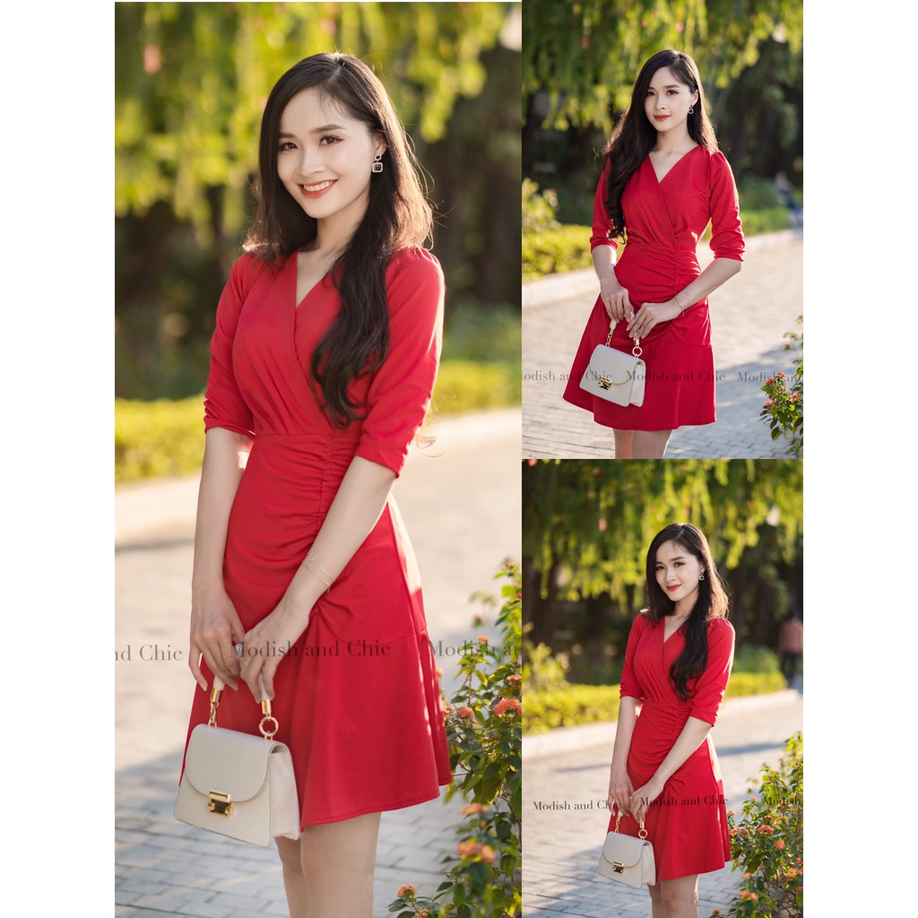 Váy đỏ cổ V nhún eo V1043 - MC phân phối chính thức (kèm ảnh thật sp shop tự chụp)