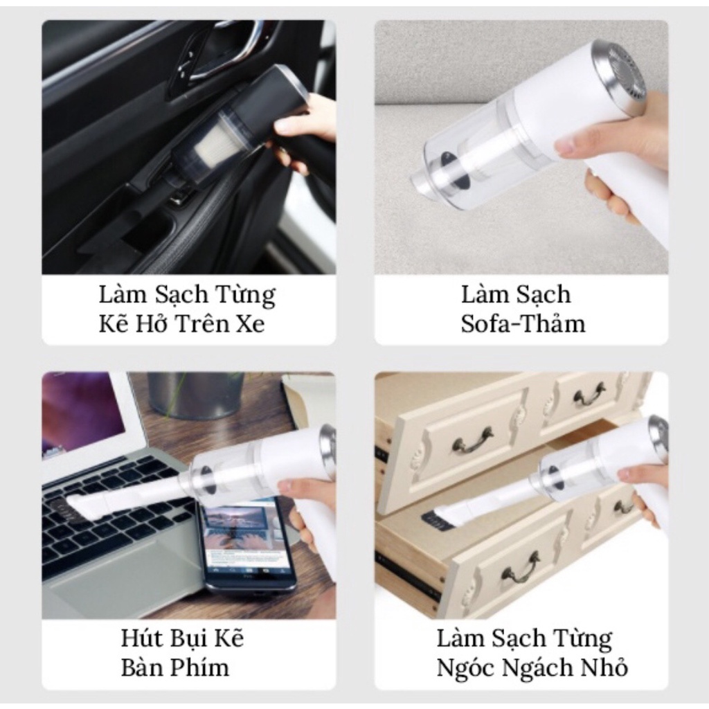 Máy hút bụi cầm tay mini không dây - Máy hút bụi đa năng lực hút siêu mạnh sử dụng hút bụi ô tô, bụi giường