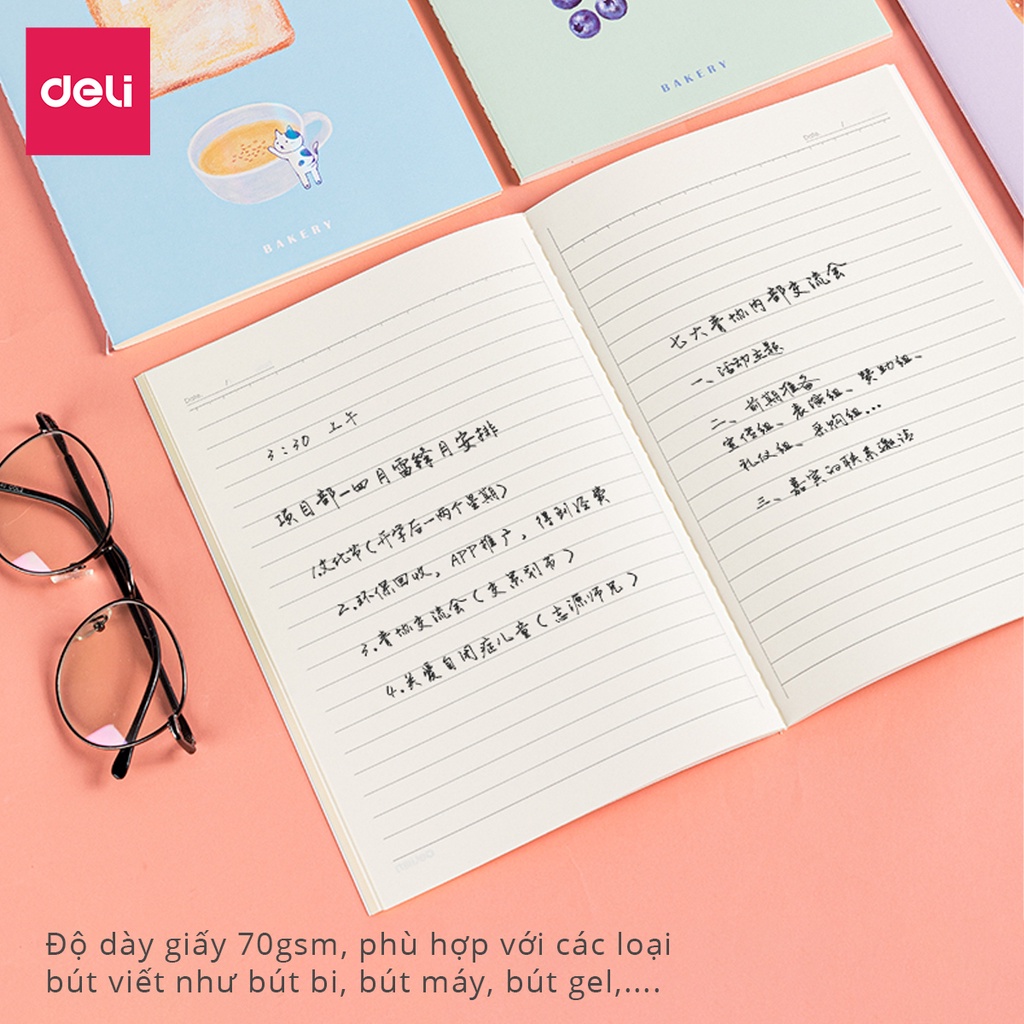 70g-1 quyển-NhiềuSổ ghi chép khâu gáy A5 hình bánh ngọt Deli 40 trang  màu lựa chọn- vở viết học sinh giấy chống lóa mắt