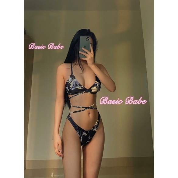 Bikini hai mảnh màu đen họa tiết sang chảnh chính hãng Shein