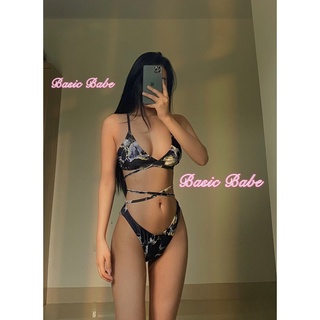 Bikini hai mảnh màu đen họa tiết sang chảnh chính hãng Shein