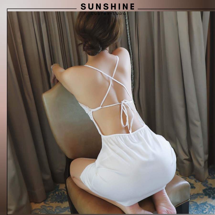 Váy ngủ lụa cao cấp phối ren sexy Đầm ngủ lụa 2 dây sexy màu Trắng dành cho nữ Sunshine Lubrexlubo VL1045