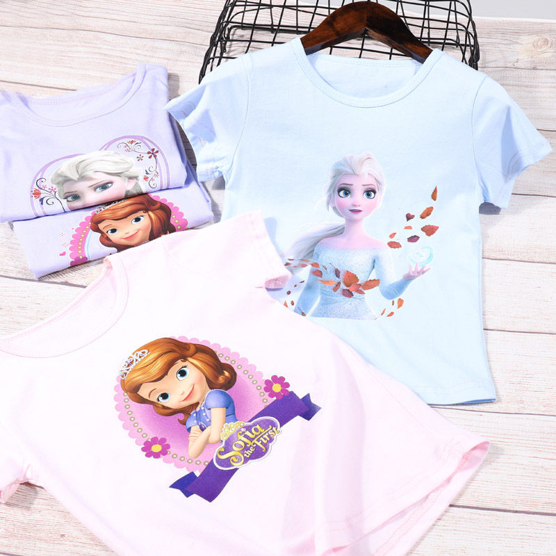 2-7 Years Kids Girls Cartoon Elsa Short Sleeve Summer T-Shirt Top Clothes
