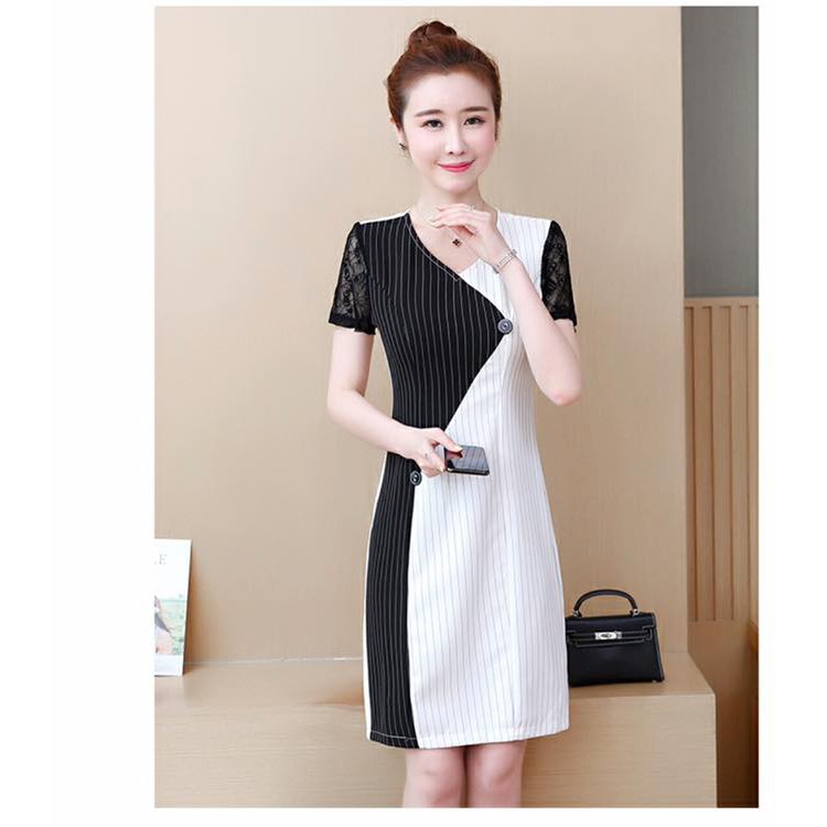 Đầm suông - Váy kẻ sọc phối màu trắng đen