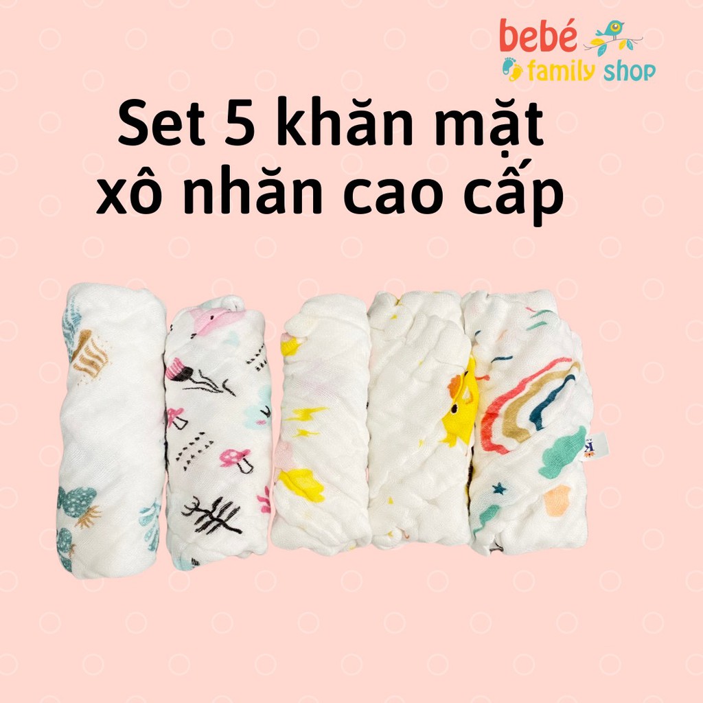 Khăn sữa cho bé cao cấp set 5 khăn lau mặt sợi tre cho bé sơ sinh 6 lớp - bebefamilyshop
