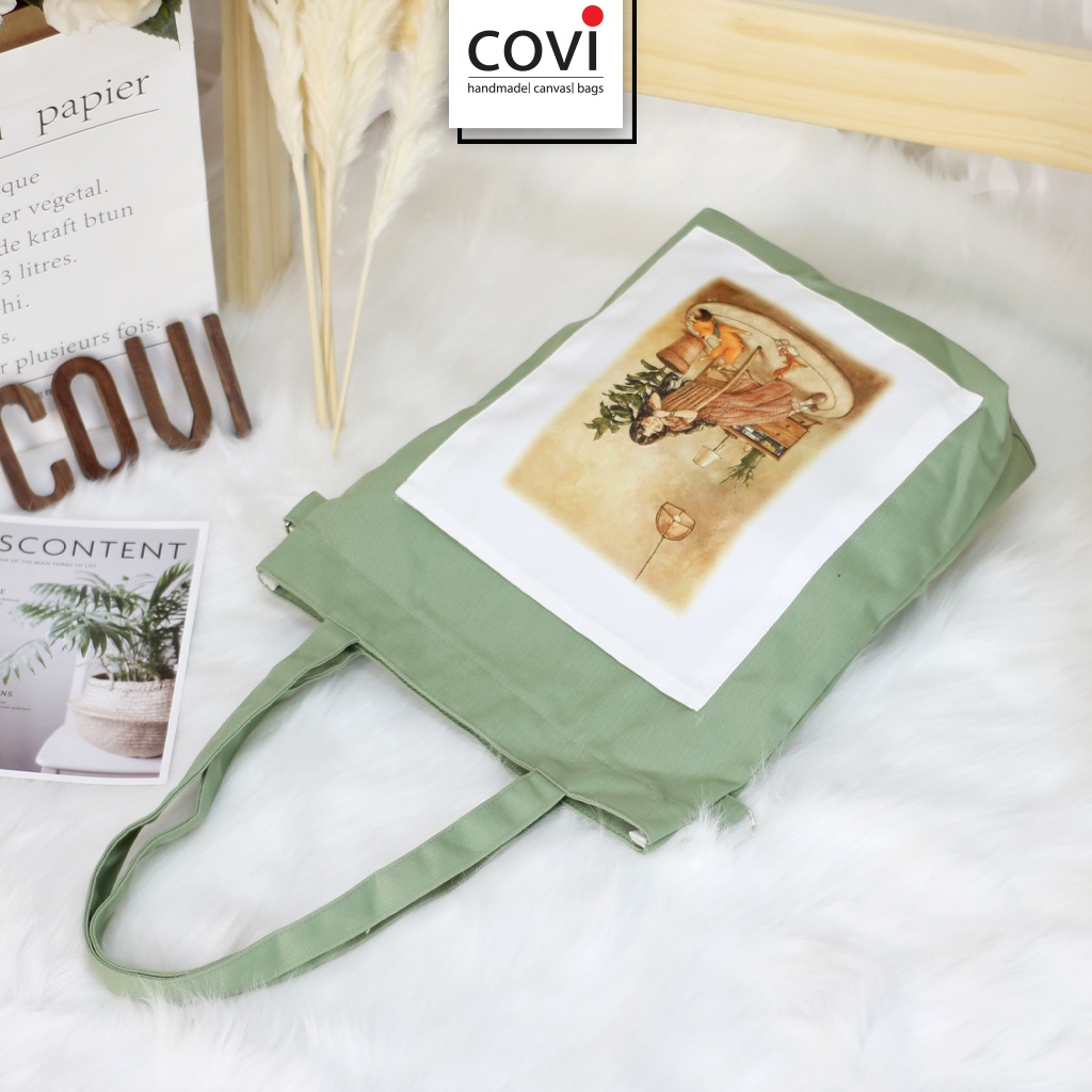 Túi vải tote đeo chéo, đi học, đi chơi, canvas hàn quốc, in hình cô gái thời trang COVI nhiều màu sắc T10