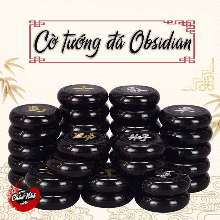 Cờ tướng đá Obsidian thiên nhiên size 60mm cao cấp kèm bàn cờ gỗ