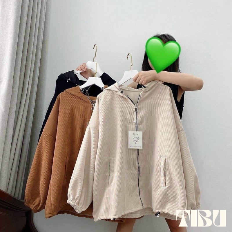 Áo khoác nhung form rộng nữ nam Unisex Tibu, Áo Khoác Nhung Gân Tăm Trơn Tay Bồng Form Rộng Oversize