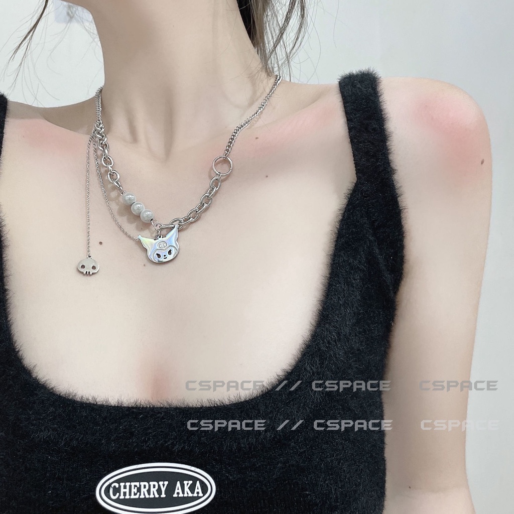 Dây chuyền có mặt hình Kuromi hoạt hình đính ngọc trai nhân tạo nhiều lớp