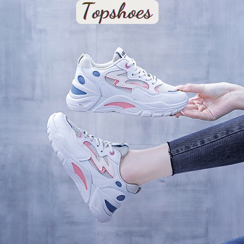 Giày thể thao nữ sneaker độn đế 2023 Top Shoes phong cách Hàn Quốc da và vải lưới cao cấp màu trắng Size 36- 40