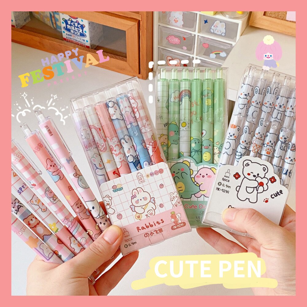 Set 6 bút bi mực đen kiểu dáng hoạt hình cỡ ngòi 0.5mm
