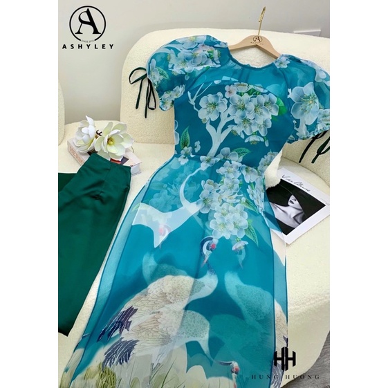 Áo dài tơ hoạ tiết mix quần suông lụa ASHLEY cao cấp