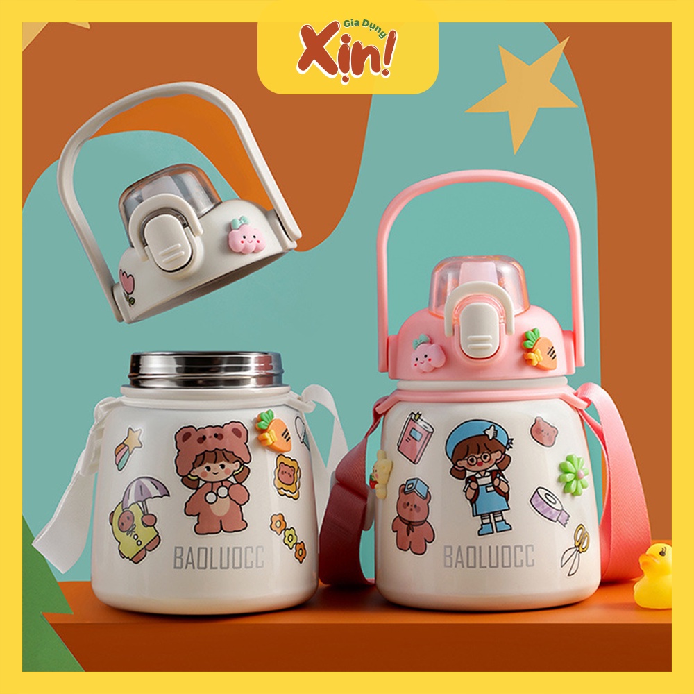 Bình giữ nhiệt cho bé đi học cao cấp 650ml, bình nước dễ thương 2 lớp bằng inox 304 kèm ống hút, dây đeo và sticker 3D
