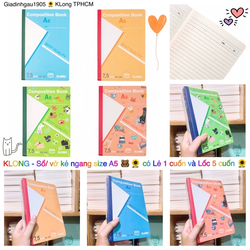 KLONG - Sổ/ vở kẻ ngang gáy may Composition Book 200 trang A5 70/76; MS: 305 🐻💕