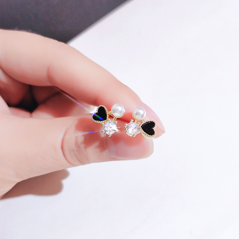 [Jiudoulan] Bông Tai Mặt Hình Trái Tim Đính Ngọc Trai Lấp Lánh Thời Trang