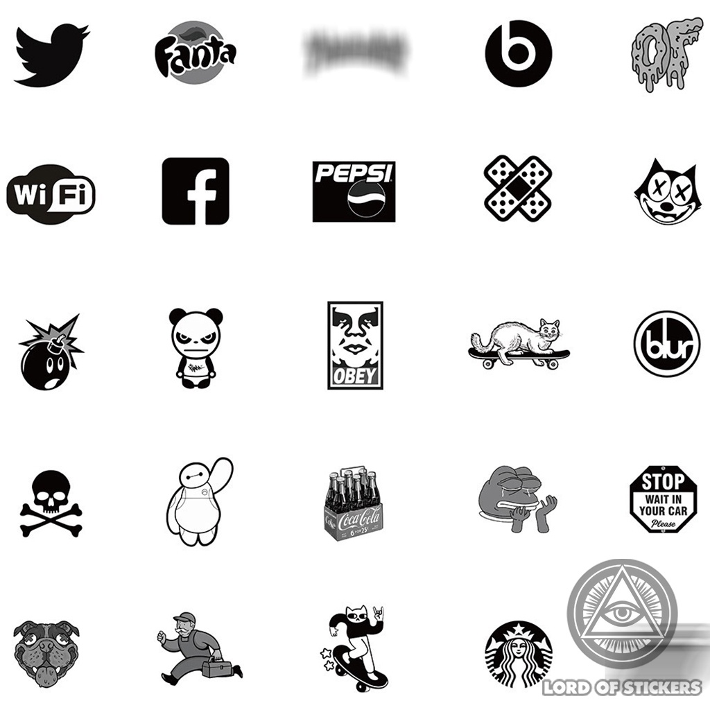 Set 101 Hình Dán Graffiti Brand Logo Sticker Thương Hiệu Đen Trắng Chống Thấm Nước Trang Trí Mũ Bảo Hiểm, Ván Trượt, Xe