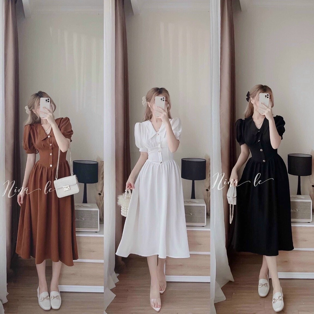 Đầm váy nữ maxi umi cổ nhọn họa tiết ống tay phồng tôn dáng trẻ trung sang trọng thanh lịch siêu xinh