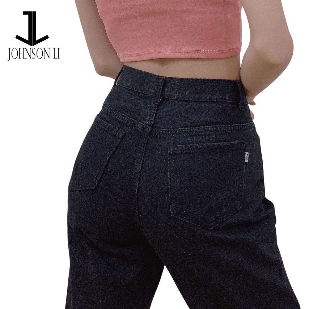 Quần baggy jean nữ JohnsonLi lưng cao, dáng rộng , ống suông, kết hợp nắp túi đai, 2 màu