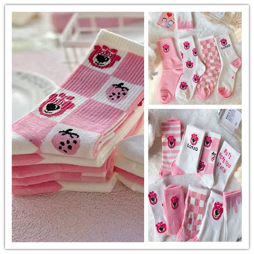 Vớ Dài Bằng Polyester Cotton Mềm Mại In Họa Tiết Gấu Hồng Dâu Tây Siêu Dễ Thương Thông Dụng Cho Nữ