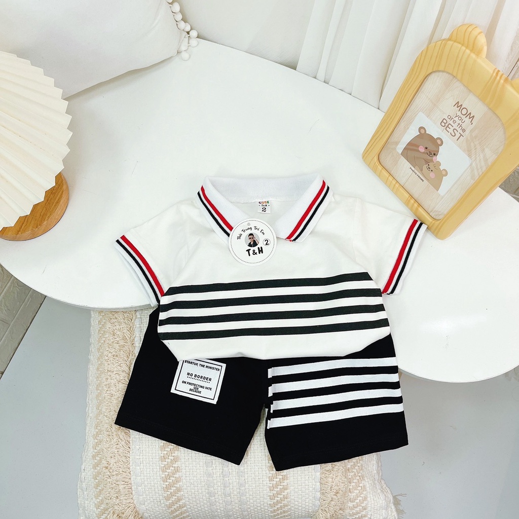 Bộ quần áo bé trai Hàn Quốc, Set Áo Polo và Quần short 4 vạch kẻ ngang công tử cho bé từ 7 đến 18 kg
